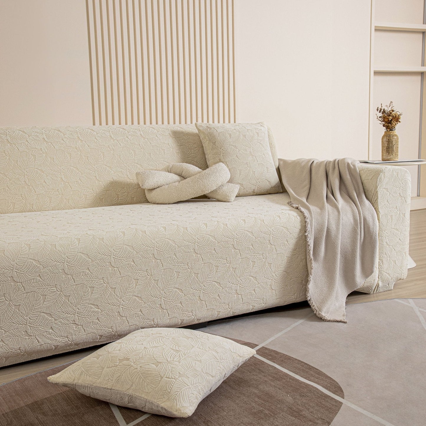 3D Jacquard Leaf Pattern Couch Slipcover, High Stretch Washable Textured Sofa Cover