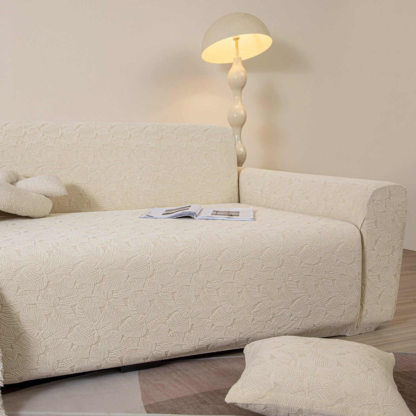 3D Jacquard Leaf Pattern Couch Slipcover, High Stretch Washable Textured Sofa Cover