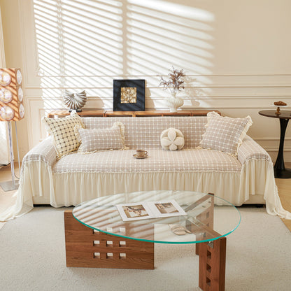 Grid Textured Sofa Cover with Sheer Ruffle Skirt, Pet-Friendly Sofa Throw Slipcover