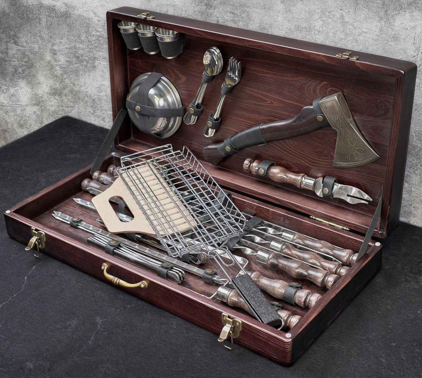 “Thor" Camping Accessories BBQ Skewers Set  in a Wooden Case, 42 items