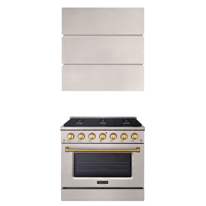 Akicon 36" Stainless Steel Range Hood with 600 CFM Insert & 6-Burner Gas Range Combo – Powerful Ventilation, Convection Oven, Multiple Finishes