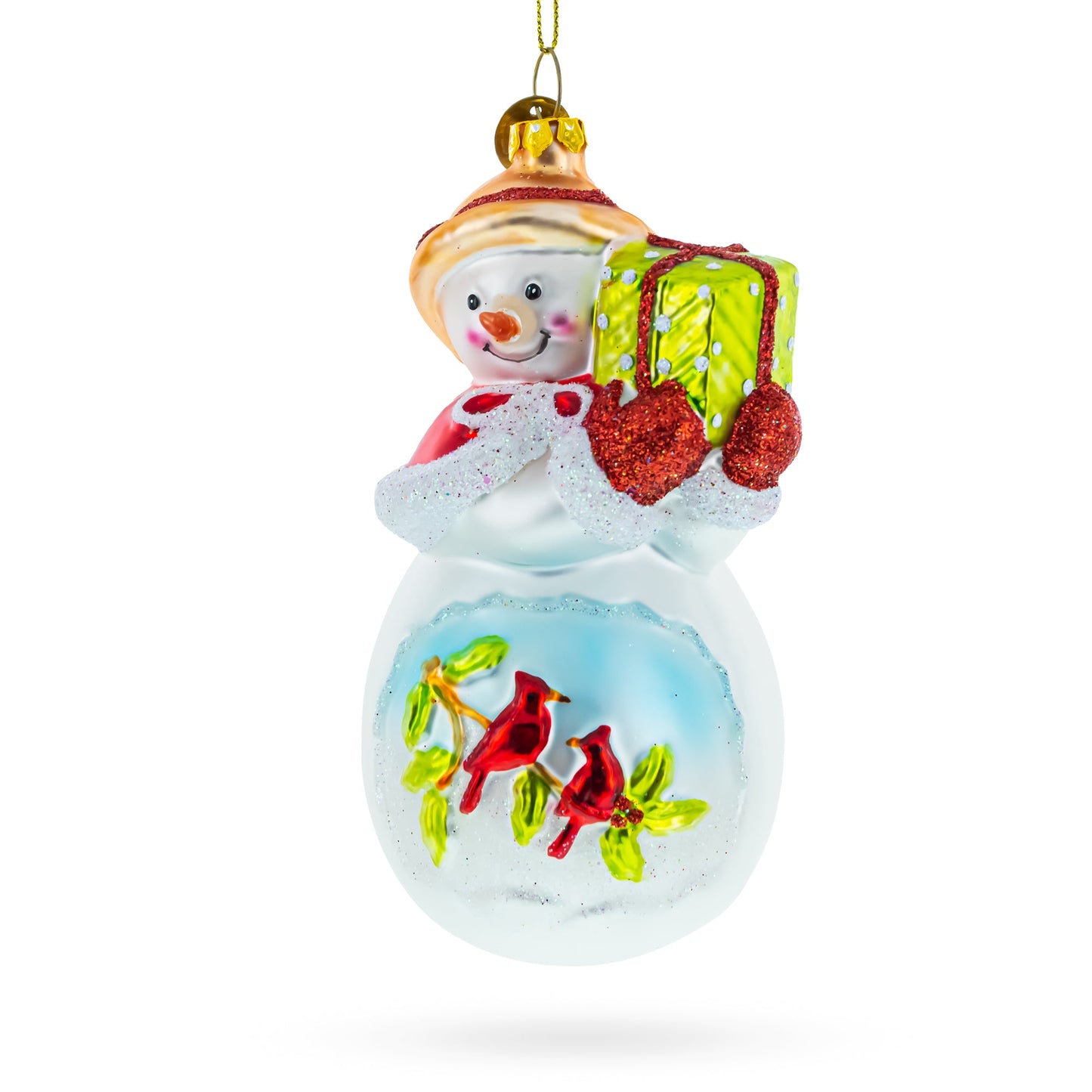 Snowman with Red Cardinals Holding a Gift Glass Christmas Ornament