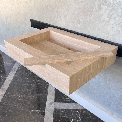Custom Travertine Sink, Handmade Custom Beige Travertine Sink, Vein Cut Travertine Vanity (TR-66)