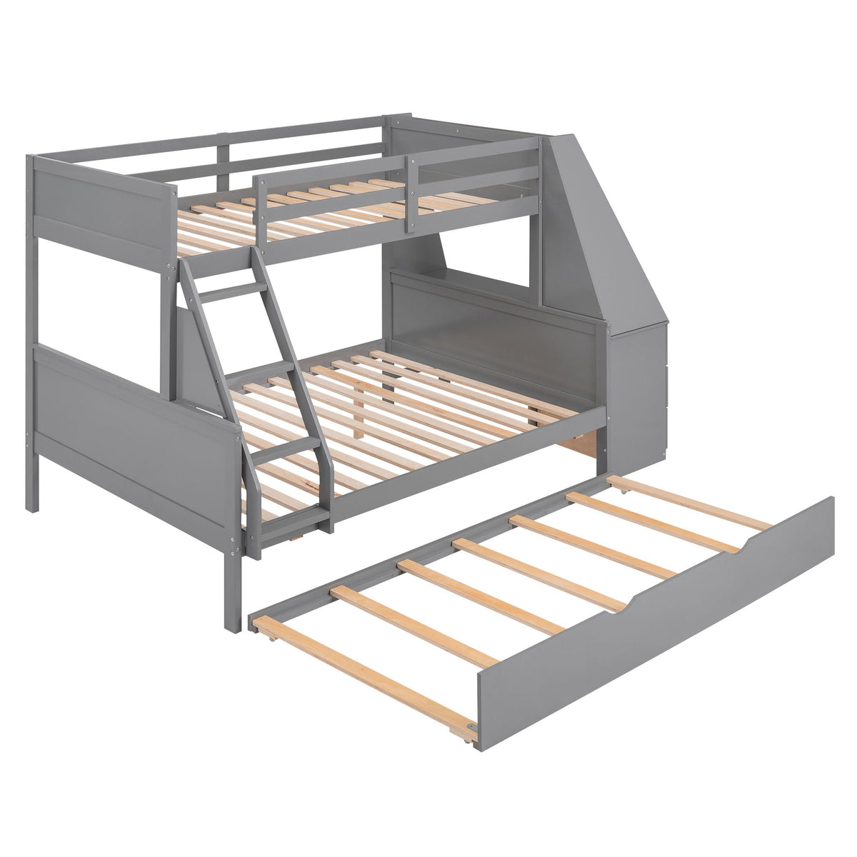 Bunk Bed With Trundle And Built In Desk, 3 Storage Drawers And Shelf