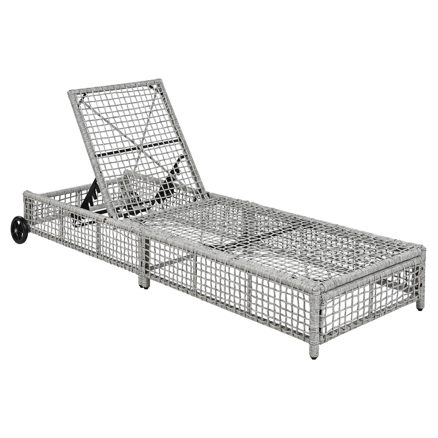 Outdoor Lounge Chair, Patio Chaise Lounge with 5-Position Backrest, Rattan Outdoor Lounge Chair with Cushion and Wheels for Poolside, Backyard, Garden