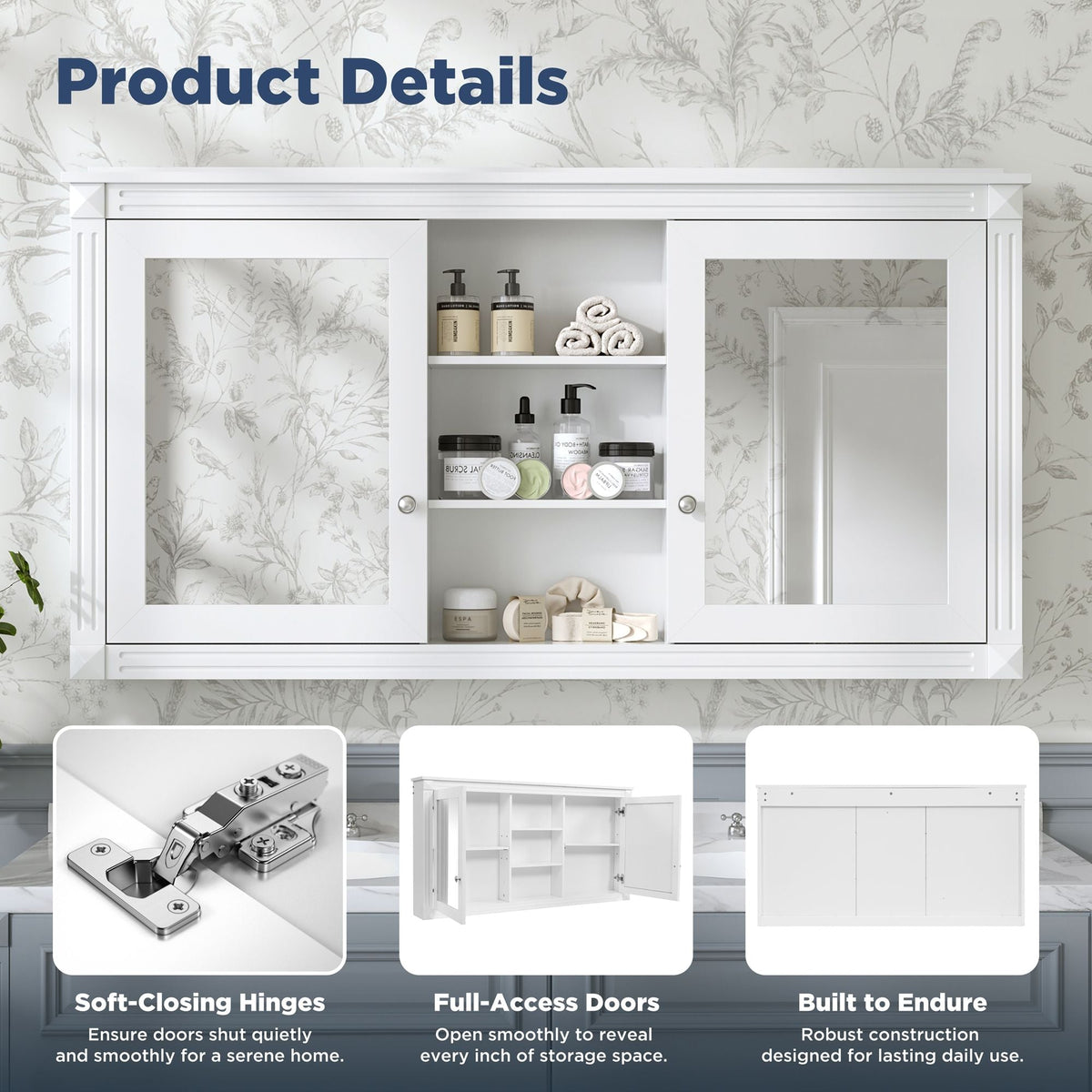 Modern Wall-Mount 2 In 1 Mirror Cabinet With Adjustable Shelves, Soft-Closing Hinges