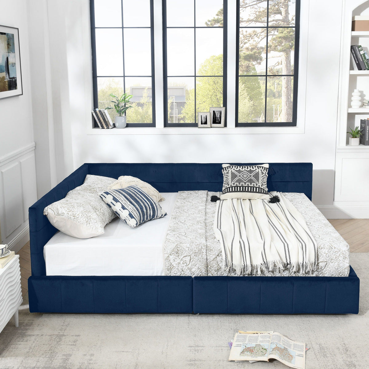 Upholstered Bed Frame With Tufted Backrest And Armrests