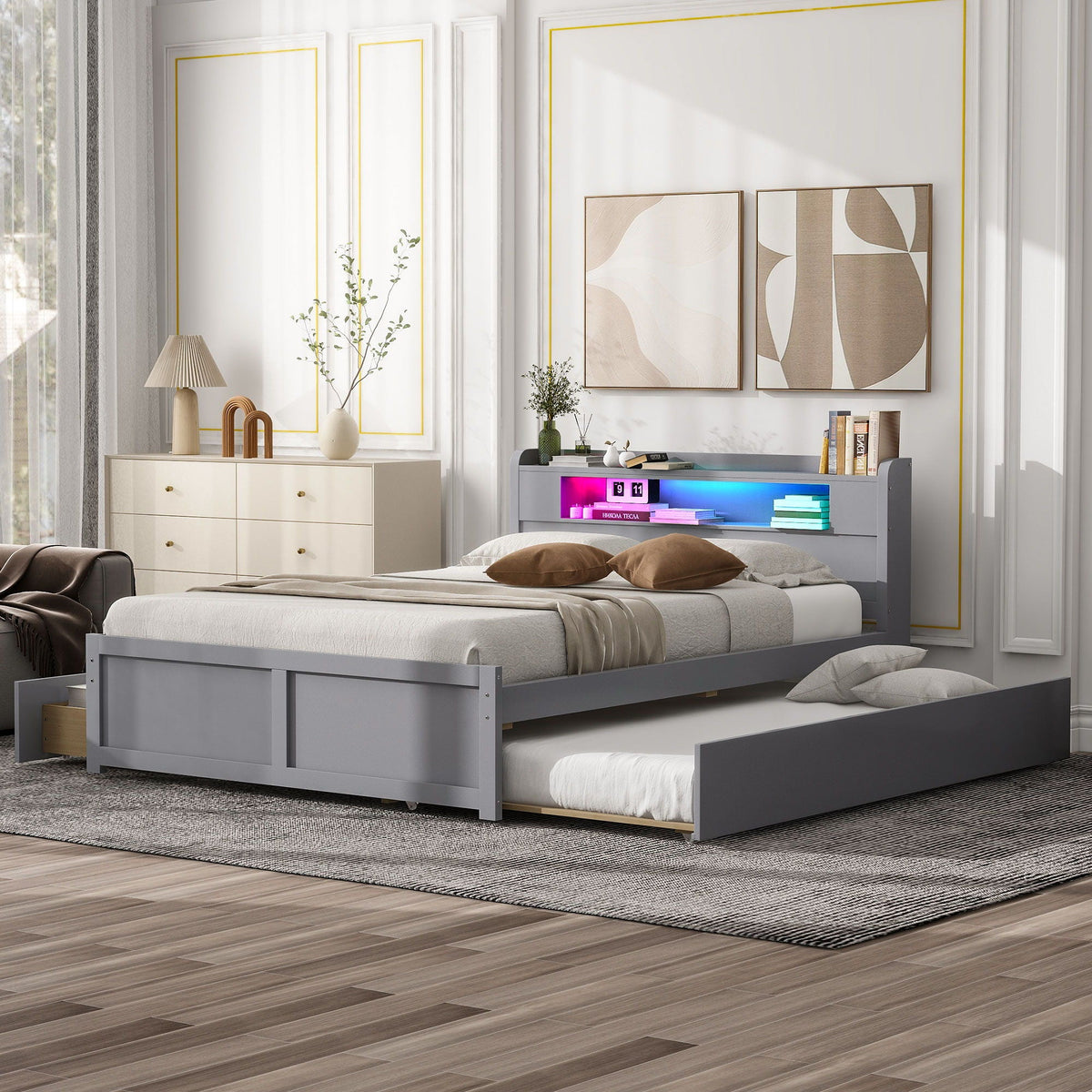 Storage Platform Bed With LED Lights, 2 Drawers And Trundle