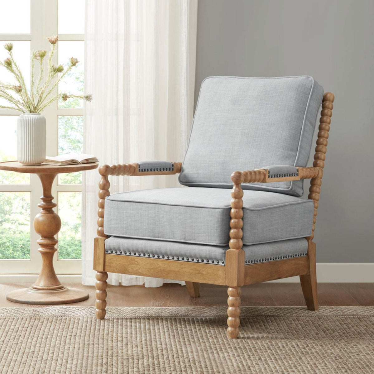 Arm Chair With Open Back Spindle Design, Padded Armrests