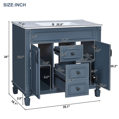 36" Bathroom Vanity With Top Sink, Basin On Cabinet With 2 Soft Closing Doors And 2 Drawers - Blue