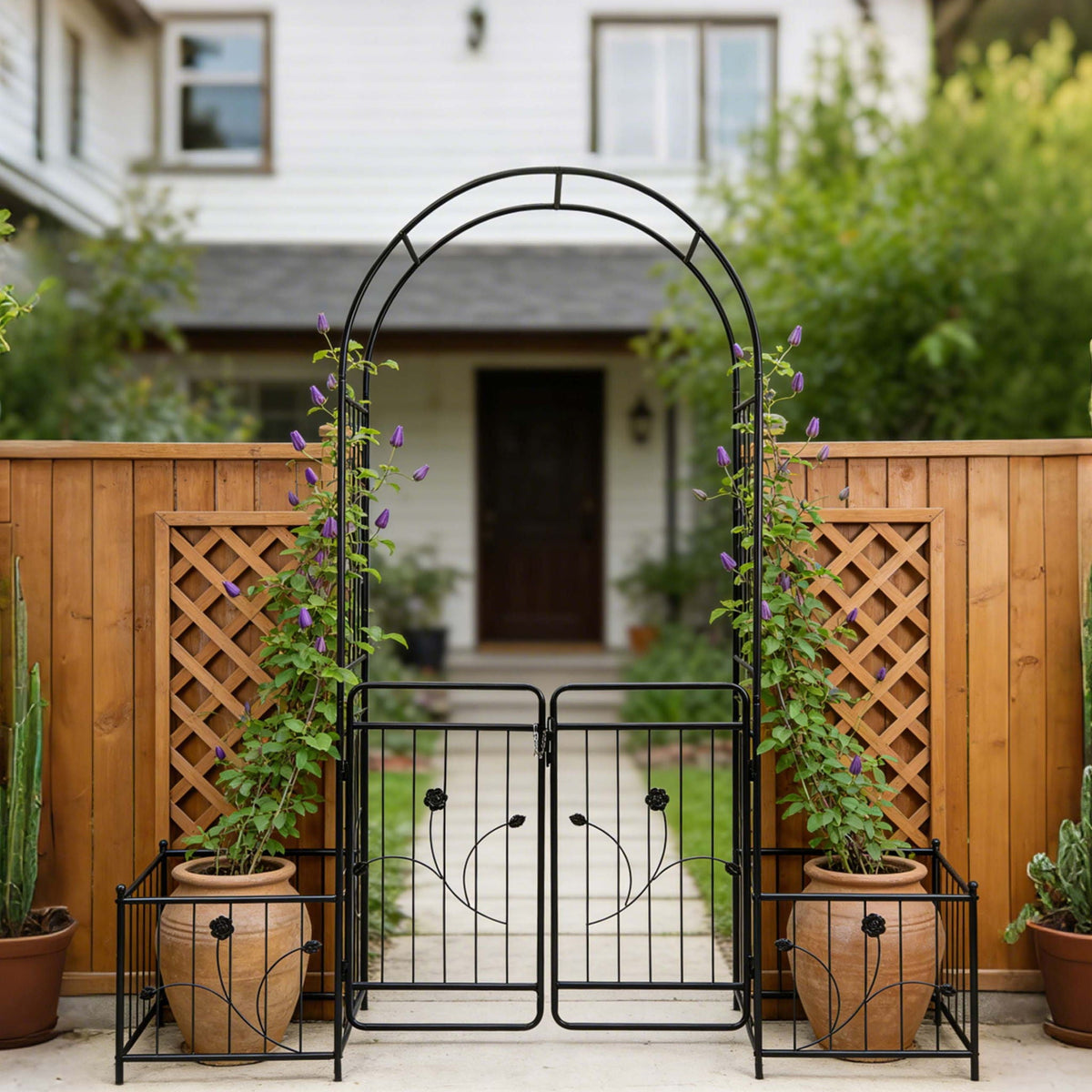 Metal Garden Arch With Gate Wide High Climbing Plants Support Rose Arch Outdoor - Black