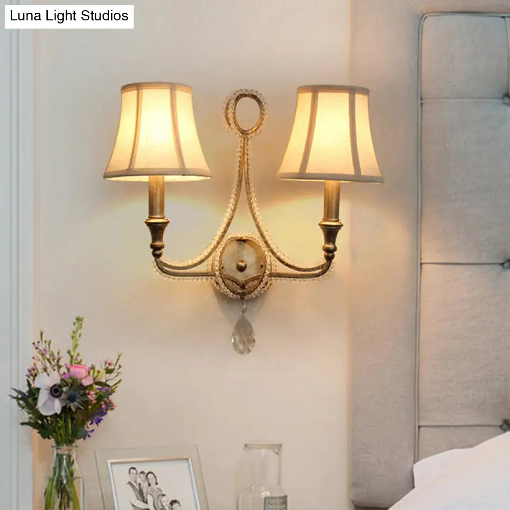 DecorBites™ 2-Head Retro Loft Fabric Wall Light - Conical Sconce with Crystal Beaded Strand - Aged Silver