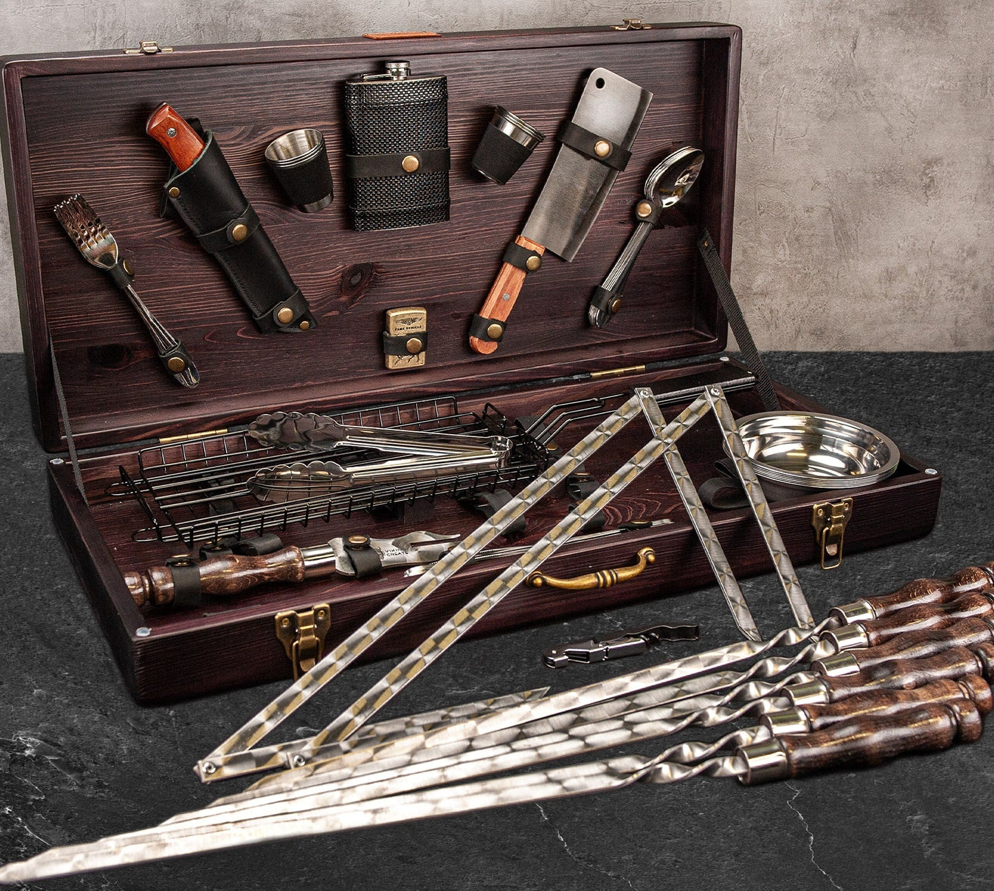 “Odin" Grilling Accessories BBQ Skewers Set  in a Wooden Case, 45 items