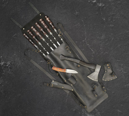 "Chieftain" Camping Accessories BBQ Skewers Set  in a Leather Case, 9 items