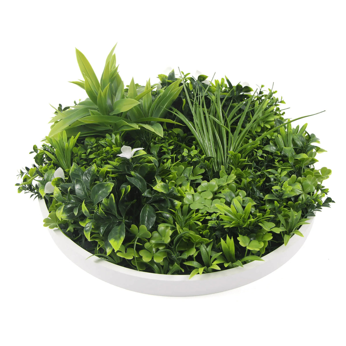 Artificial Green Wall Disc 20in – White Frame – UV Resistant – Commercial Grade