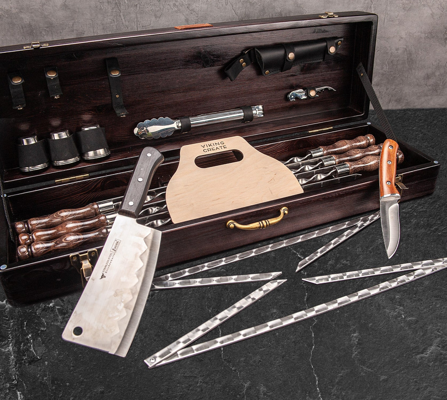 “Moose" Camping Accessories BBQ Skewers Set  in a Wooden Case, 18 items