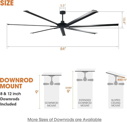 84 Inch 100 Inch Silent Storm Extra Large Ceiling Fan with Remote Control