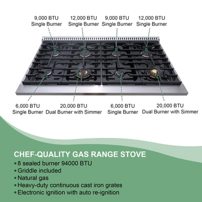 48" Slide-in Freestanding Professional Style Gas Range with 6.7 Cu. Ft. Oven, 8 Burners