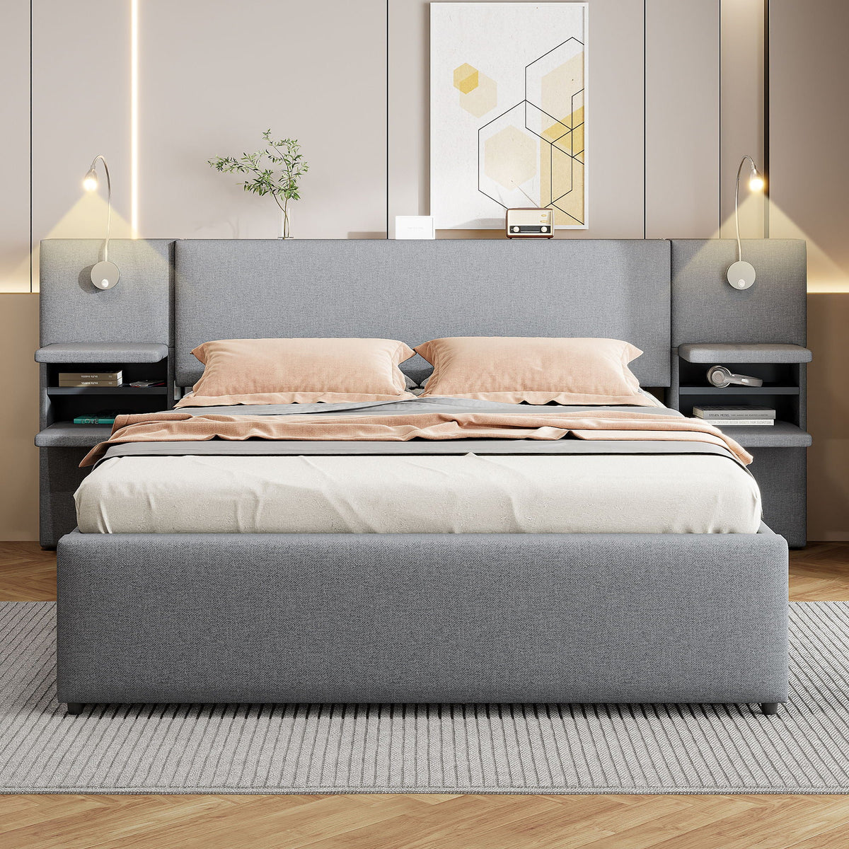 Upholstered Platform Bed With Reading Lights, Drawers, Trundle And Shelves