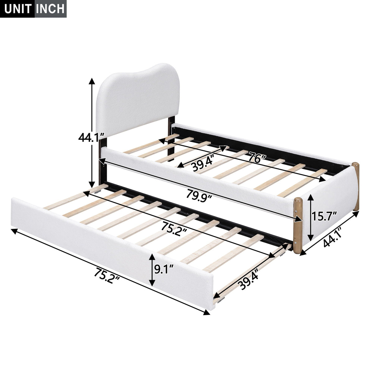 Upholstered Platform Bed With Wood Supporting Feet And Trundle