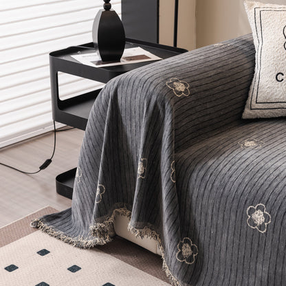 Chenille Camellia Floral Sofa Throw Cover Couch Blanket with Striped Jacquard