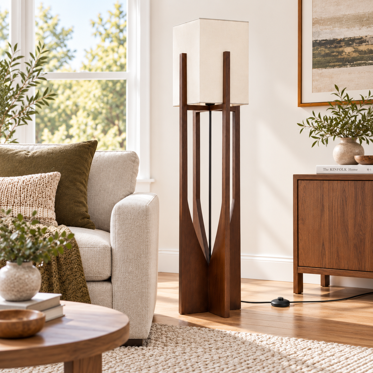 Minimalist Japanese Zen Floor Lamp, Solid Wood Standing Lamp with Soft Fabric Shade