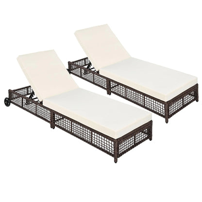 Outdoor Lounge Chair, Patio Chaise Lounge with 5-Position Backrest, Rattan Outdoor Lounge Chair with Cushion and Wheels for Poolside, Backyard, Garden