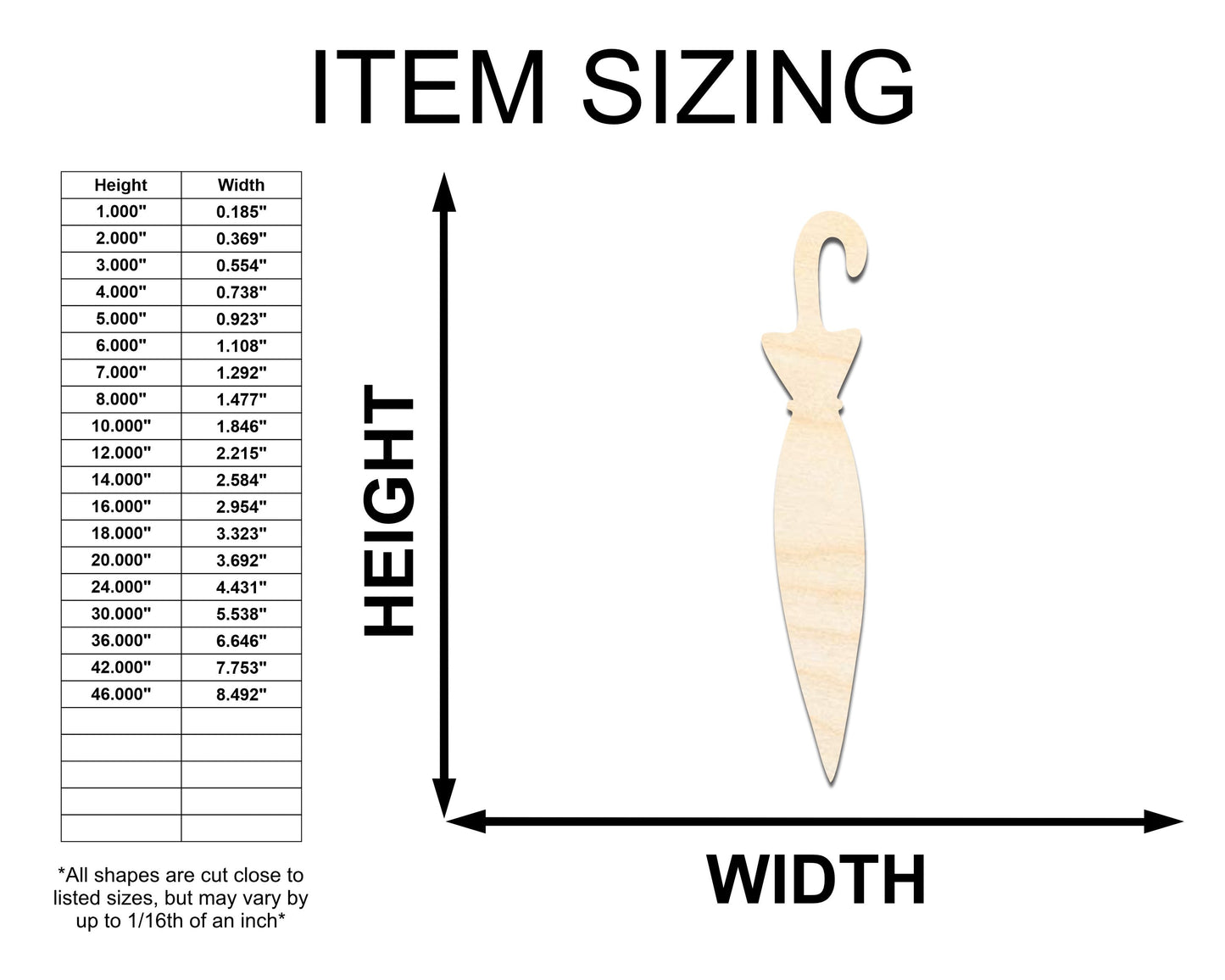 Unfinished Wood Closed Umbrella Shape - Craft - up to 46"