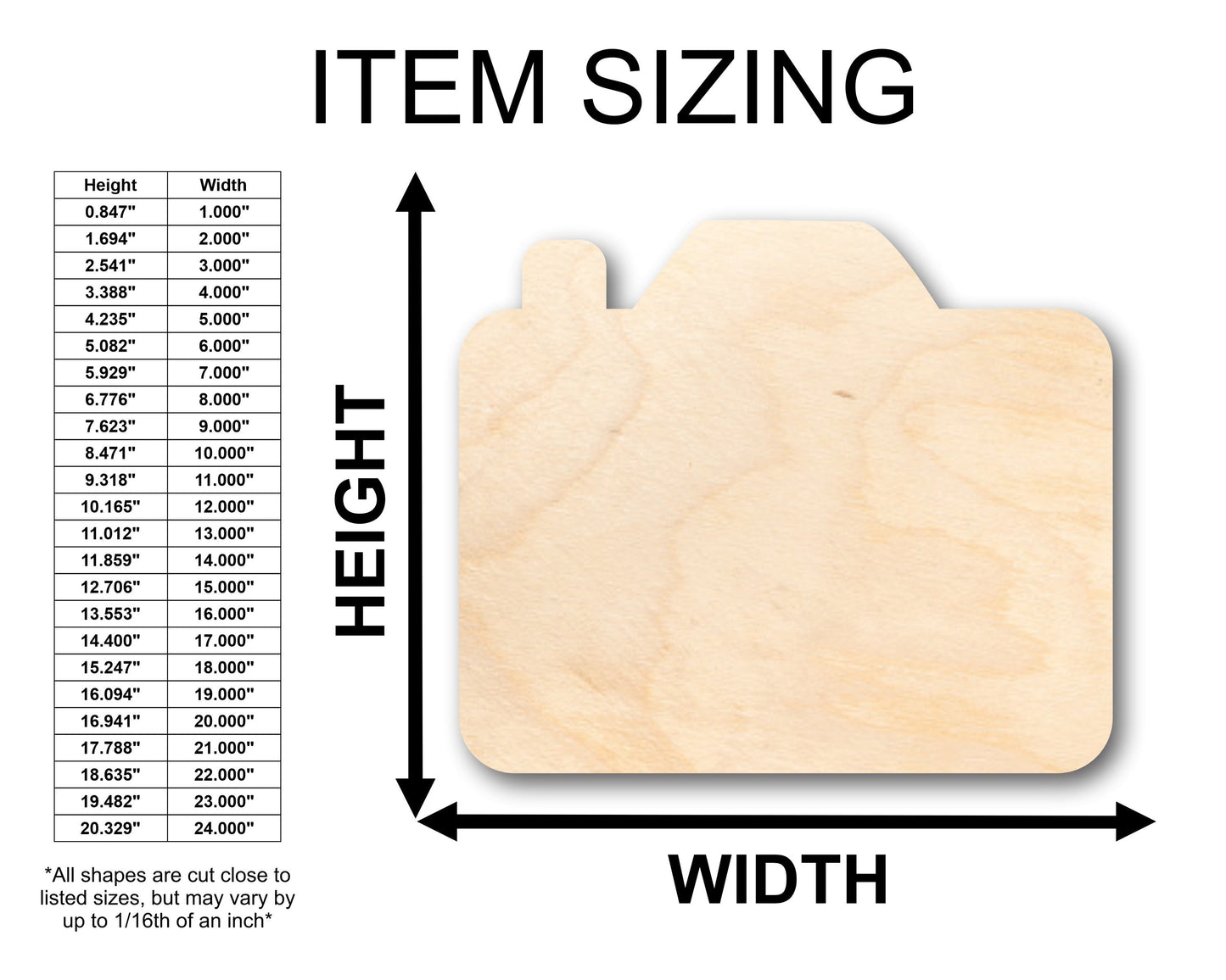 Unfinished Wood Camera Shape - Craft - up to 46" DIY