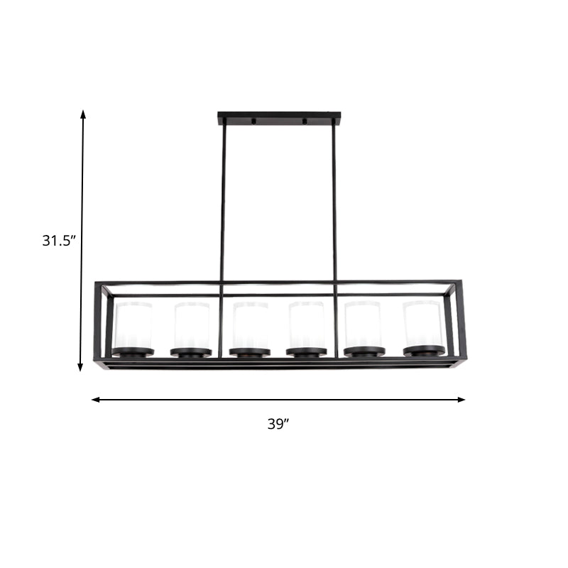 DecorBites™ Traditional Cylinder Glass Island Light with Black Rectangle Frame - 3/6 Lights Dining Room Hanging Fixture