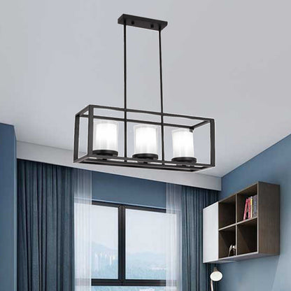 DecorBites™ Traditional Cylinder Glass Island Light with Black Rectangle Frame - 3/6 Lights Dining Room Hanging Fixture