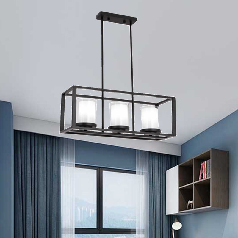DecorBites™ Traditional Cylinder Glass Island Light with Black Rectangle Frame - 3/6 Lights Dining Room Hanging Fixture