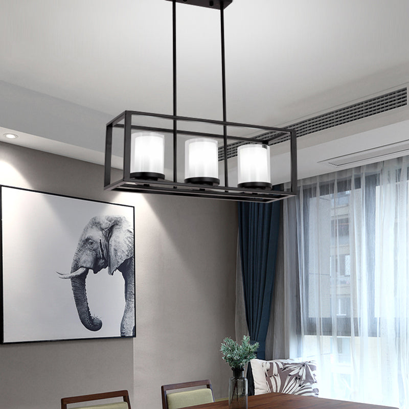 DecorBites™ Traditional Cylinder Glass Island Light with Black Rectangle Frame - 3/6 Lights Dining Room Hanging Fixture