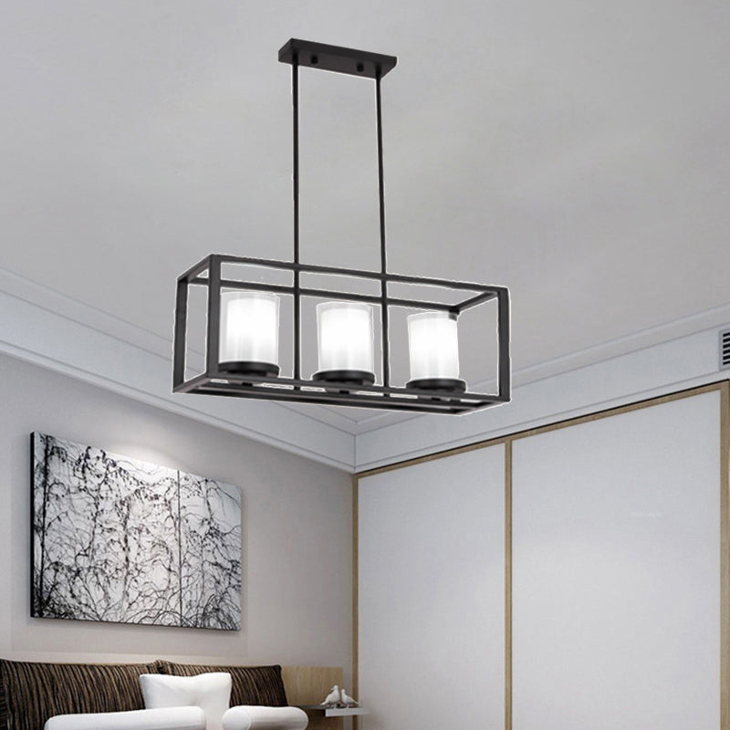 DecorBites™ Traditional Cylinder Glass Island Light with Black Rectangle Frame - 3/6 Lights Dining Room Hanging Fixture