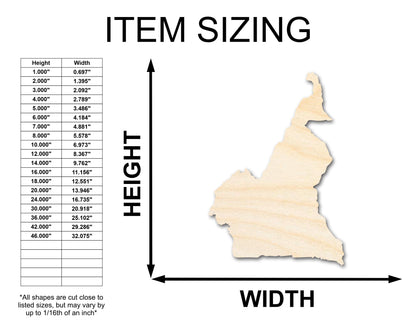 Unfinished Wood Cameroon Country Shape - Central Africa Craft - up to 46" DIY