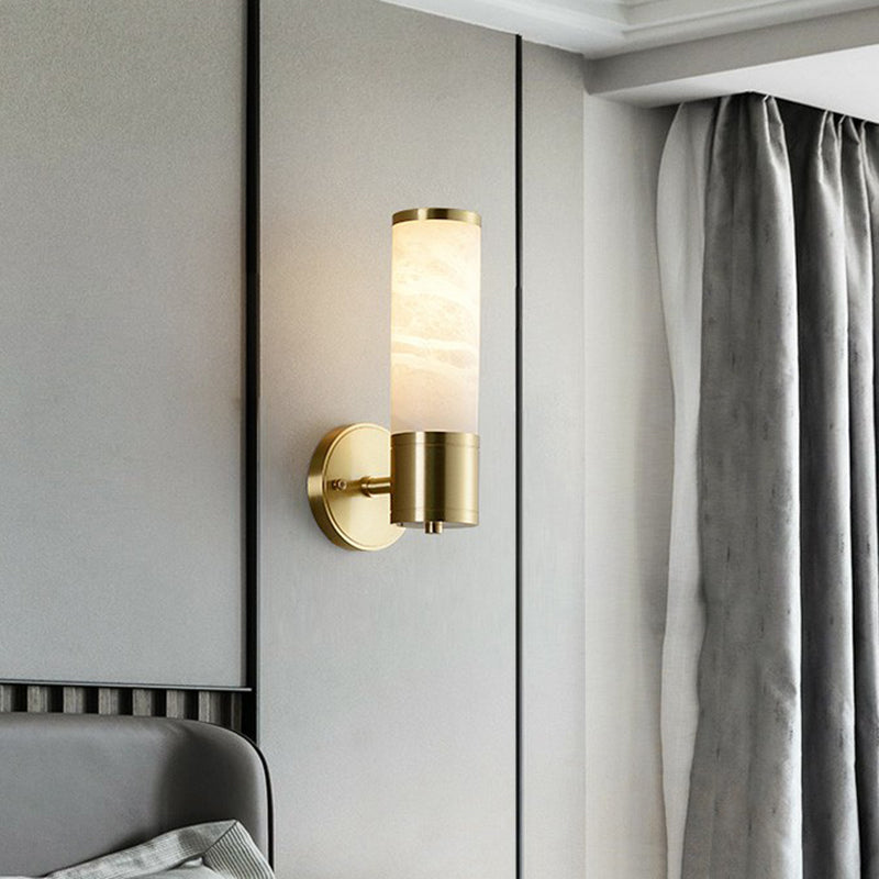DecorBites™ Modern Pillar Shaped Sconce Light: Marble Bedside Wall Lamp in White and Brass