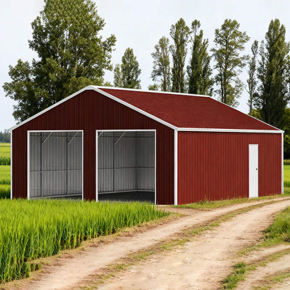 [22X23FT] Heavy-Duty Red-Brown Double Garage Steel Barn Storage Shed (SAK83456)