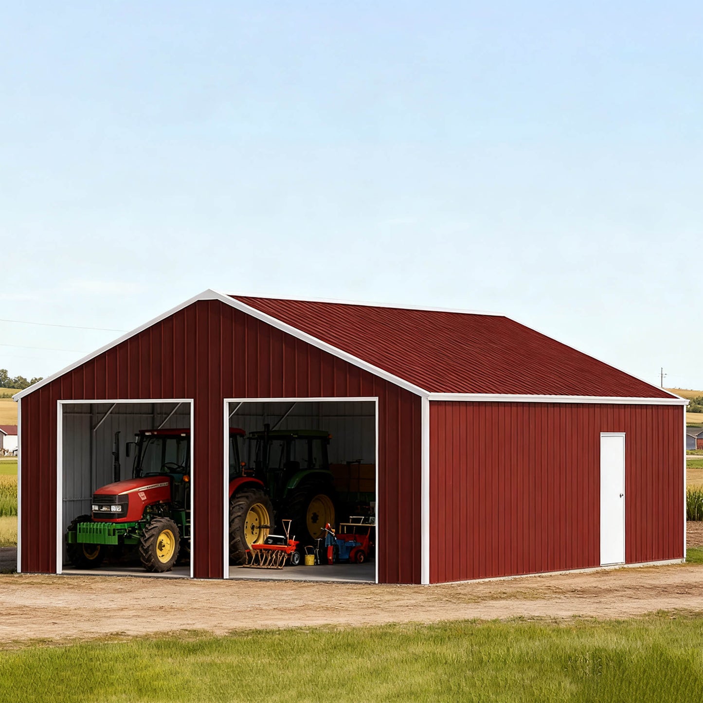 [22X23FT] Heavy-Duty Red-Brown Double Garage Steel Barn Storage Shed (SAK83456)