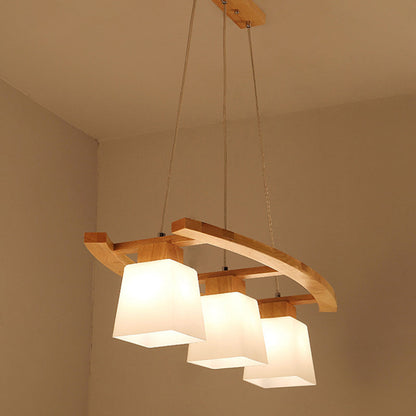 DecorBites™ Ivory Glass Trapezoid Island Lamp - 3-Bulb Minimalist Pendant Light in Wood for Dining Room
