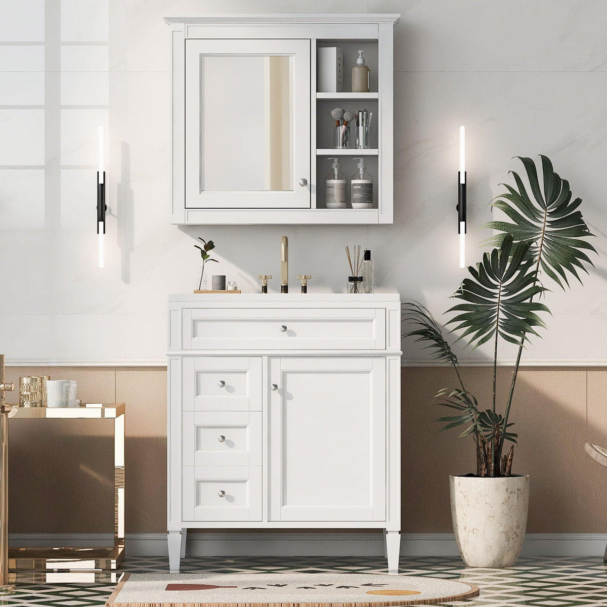 Bathroom Vanity With Medicine Cabinet, Royal Mirror Cabinet, Modern Bathroom Storage Cabinet With 2 Soft Closing Doors And 4 Drawers