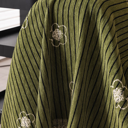 Chenille Camellia Floral Sofa Throw Cover Couch Blanket with Striped Jacquard