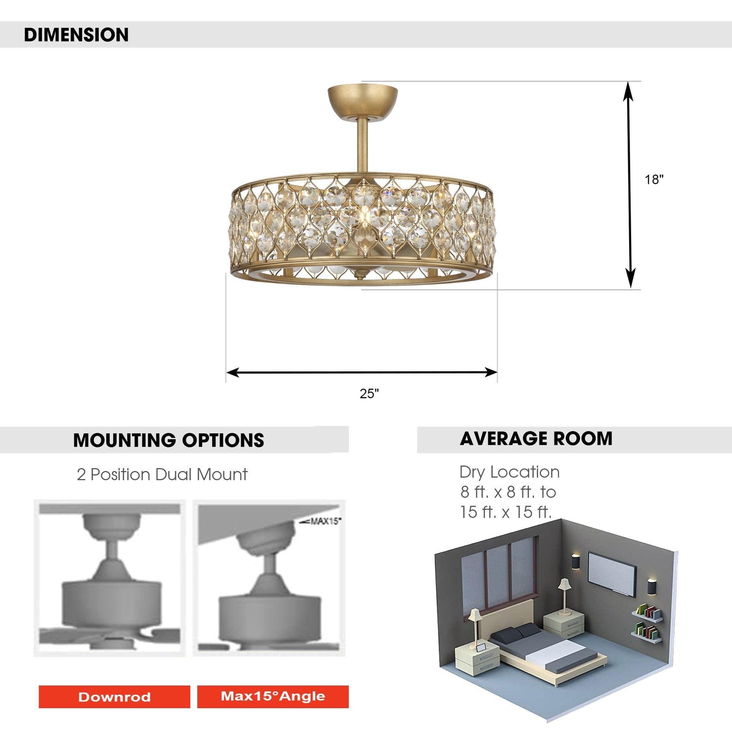 25" Modern Downrod Mount Crystal Fandelier with Lighting and Remote Control