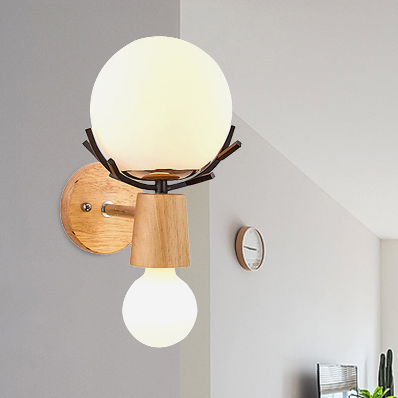 DecorBites™ Rustic Wood Wall Lamp with Antler Accents - White Globe Sconce Light for Stairways