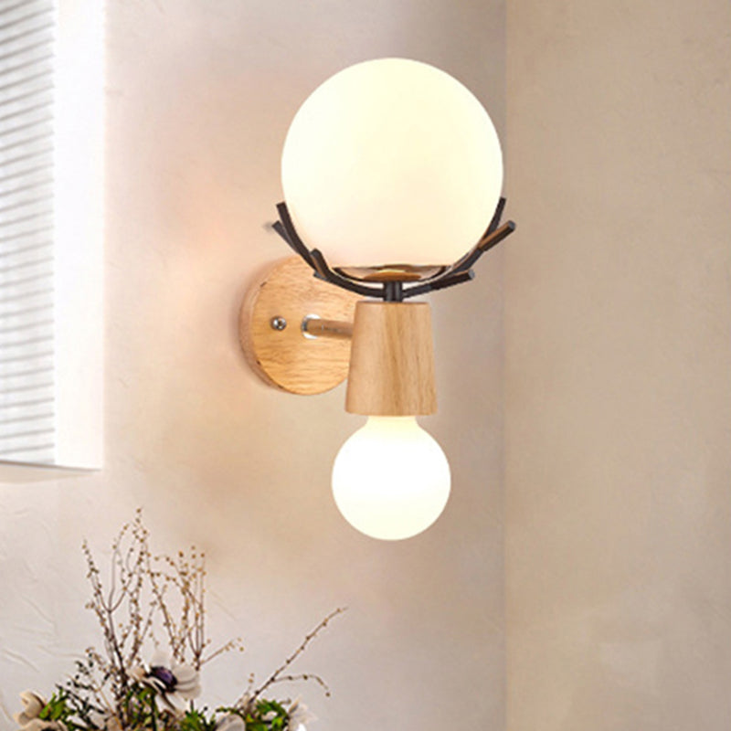 DecorBites™ Rustic Wood Wall Lamp with Antler Accents - White Globe Sconce Light for Stairways