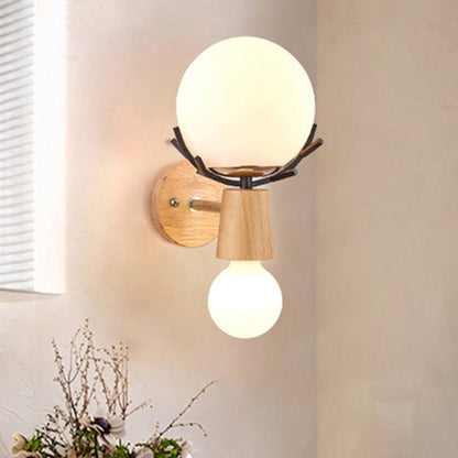 DecorBites™ Rustic Wood Wall Lamp with Antler Accents - White Globe Sconce Light for Stairways