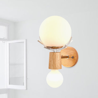 DecorBites™ Rustic Wood Wall Lamp with Antler Accents - White Globe Sconce Light for Stairways
