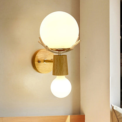 DecorBites™ Rustic Wood Wall Lamp with Antler Accents - White Globe Sconce Light for Stairways