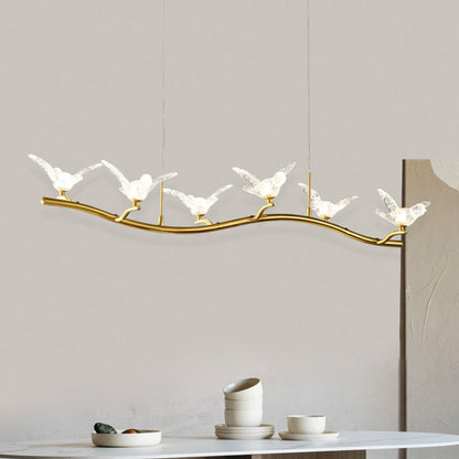 DecorBites™ Twig Pendant Lamp with Bird Decor – Gold Finish & LED Acrylic Island Light