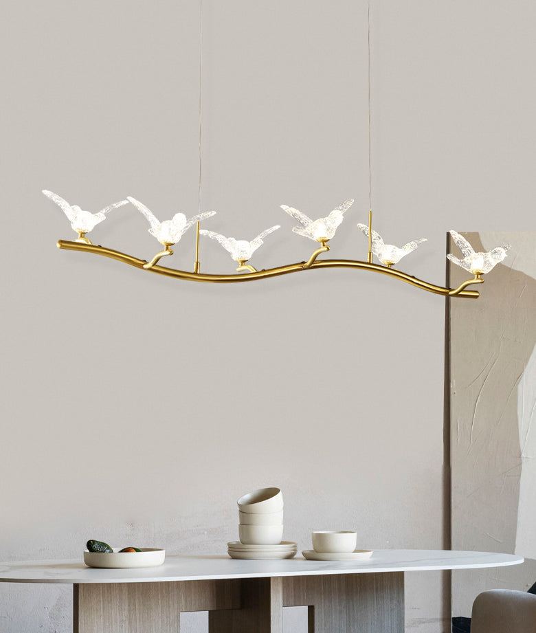 DecorBites™ Twig Pendant Lamp with Bird Decor – Gold Finish & LED Acrylic Island Light