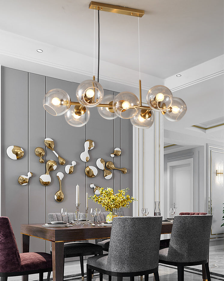 DecorBites™ Mid-Century Gold Island Pendant Light - 8 Lights, Spherical Glass, Perfect for Dining Table